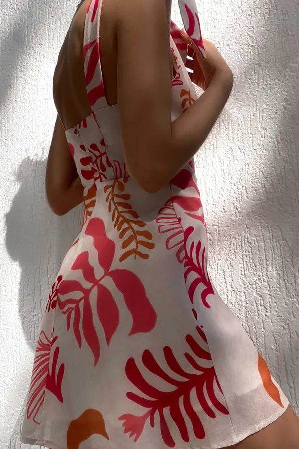Vestido mini con estampado tropical para mujer con lazos ajustables en los hombros