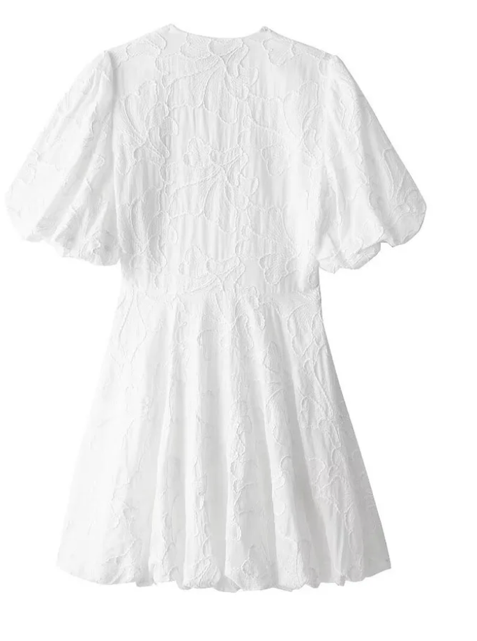 Vestido corto de mujer con mangas abullonadas y detalle texturizado
