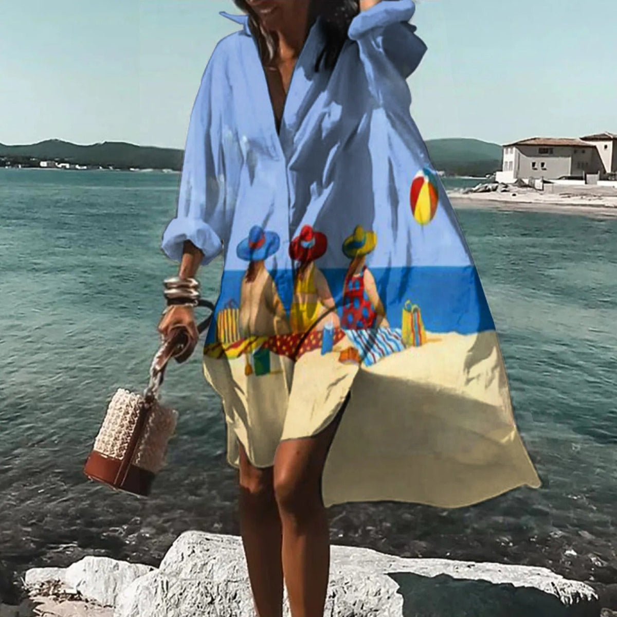 Vestido camisero extragrande para mujer con estampado artístico y botones en la parte delantera