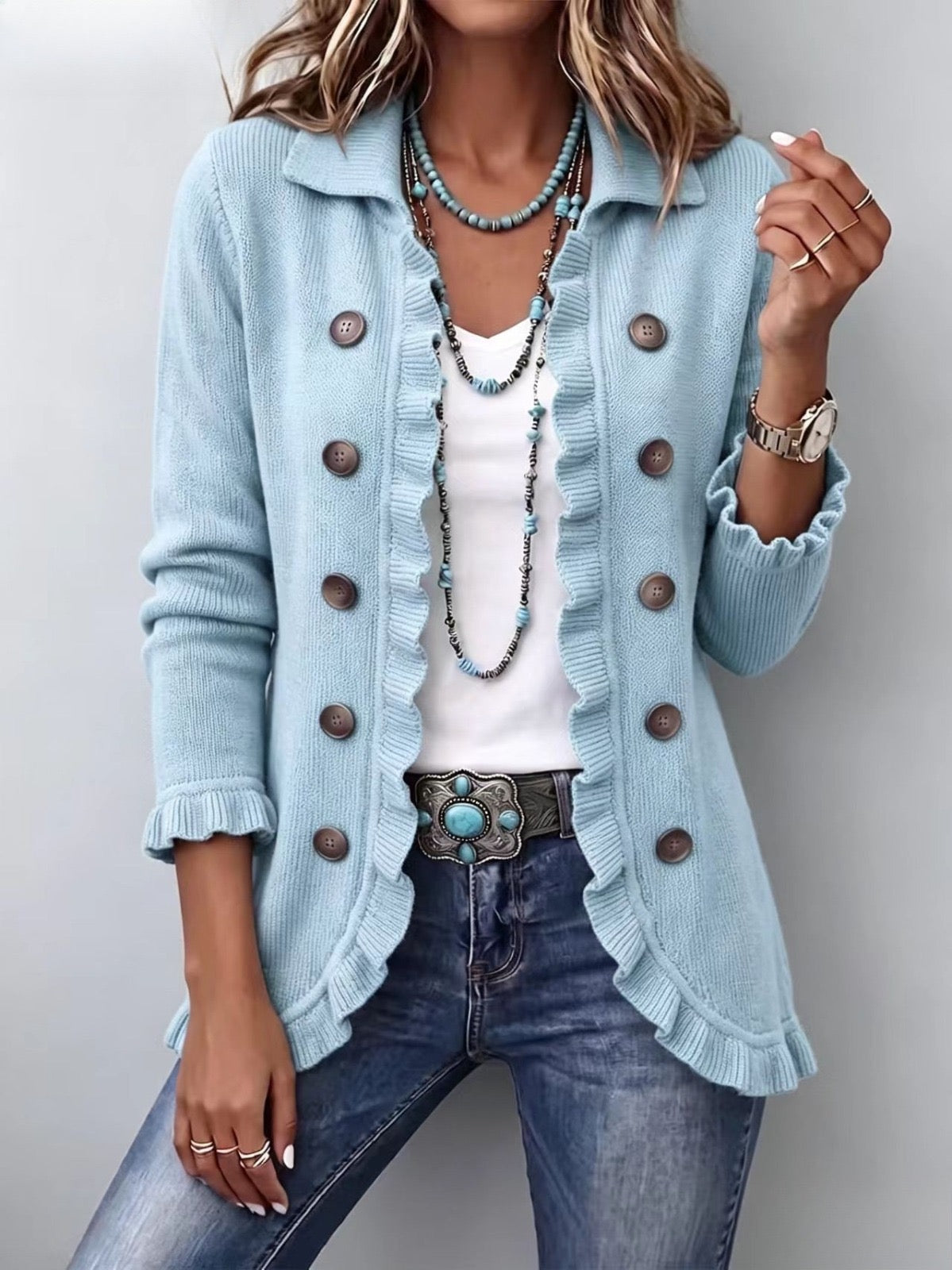 Perla | Chaqueta de Canalé Azul Empolvado con Volantes