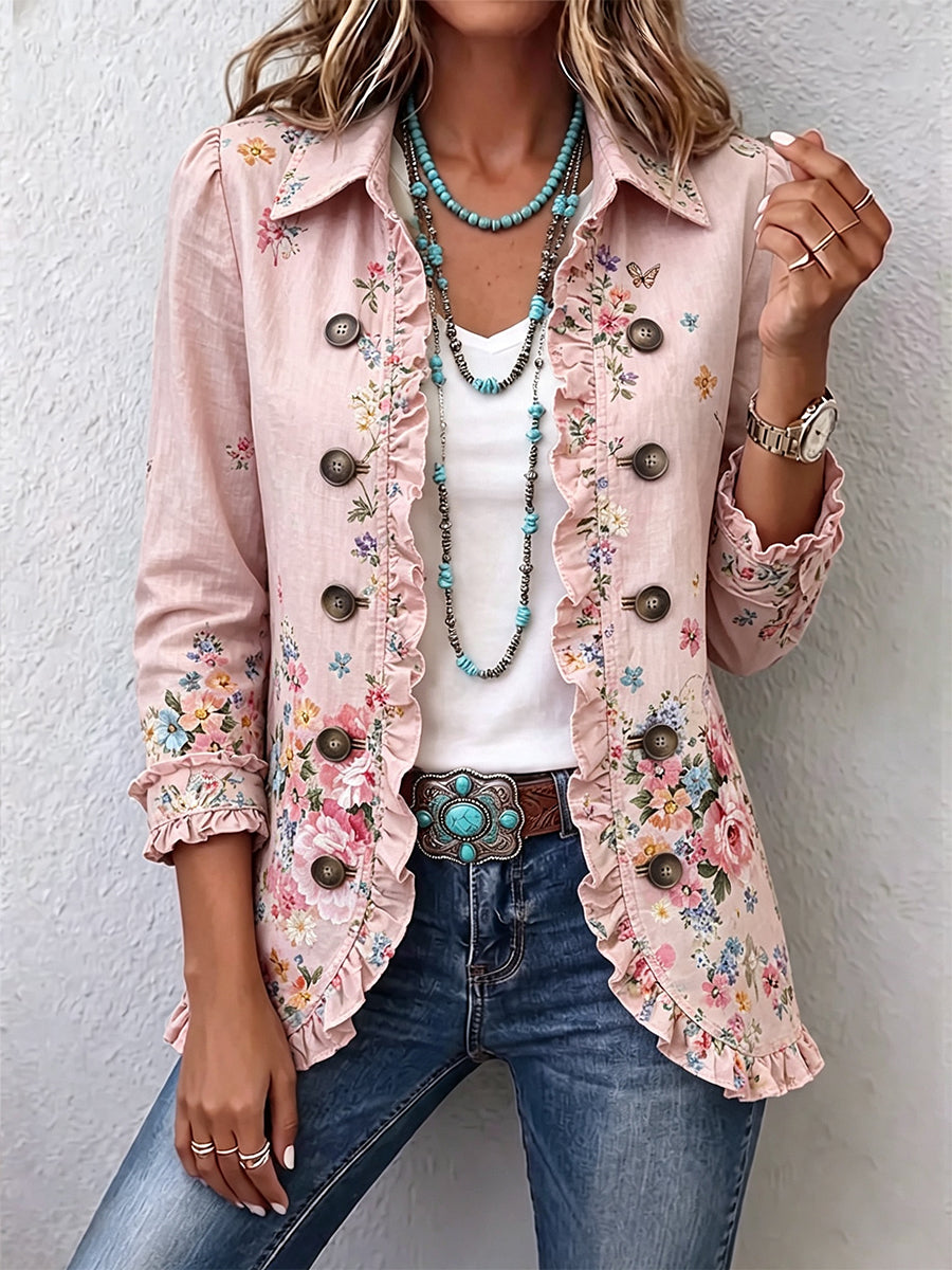 Martina | Chaqueta Floral Rosa con Volantes y Botones