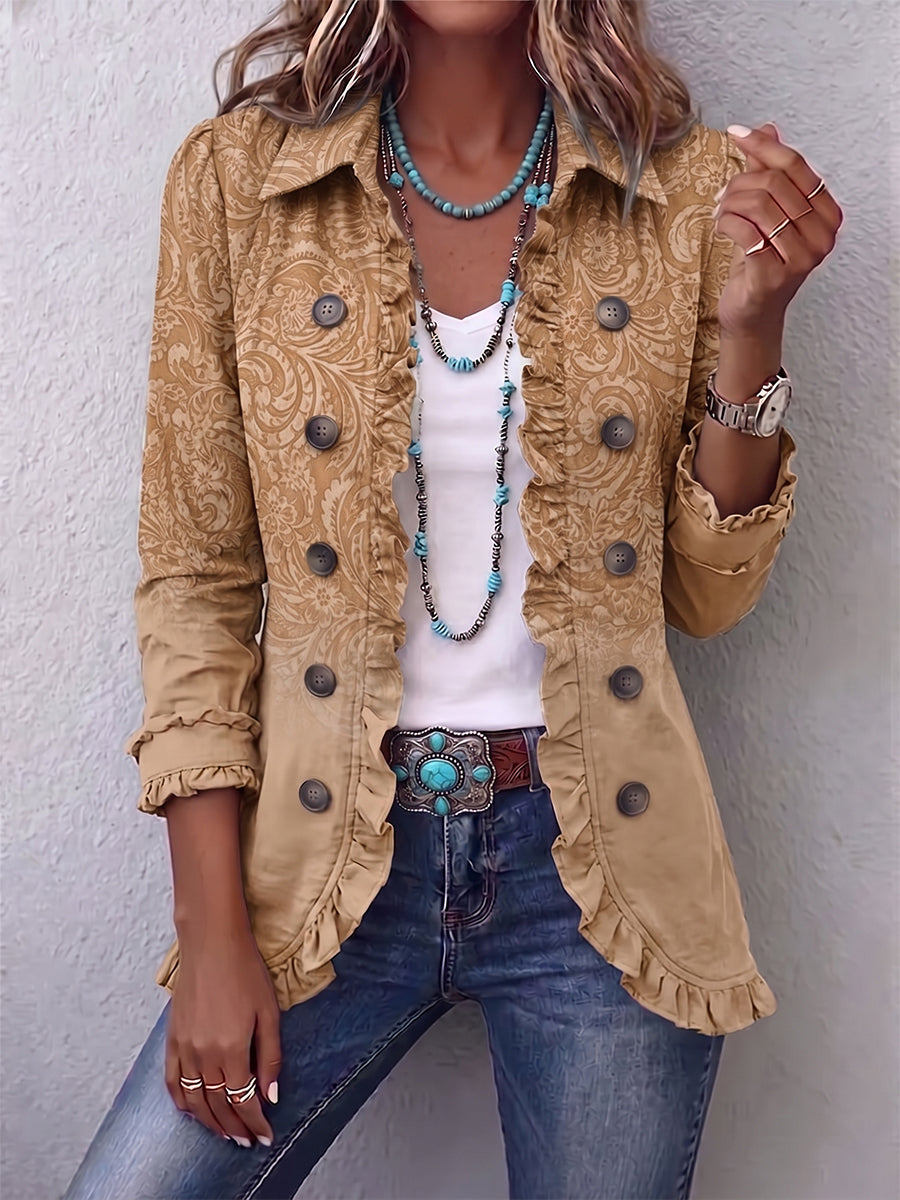 Chiara | Chaqueta Western Estampada Caqui con Volantes