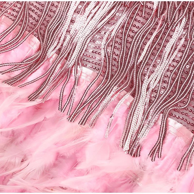 Vestido mini con flecos y tiras para mujer con dobladillo de plumas
