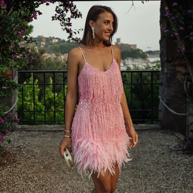 Vestido mini con flecos y tiras para mujer con dobladillo de plumas