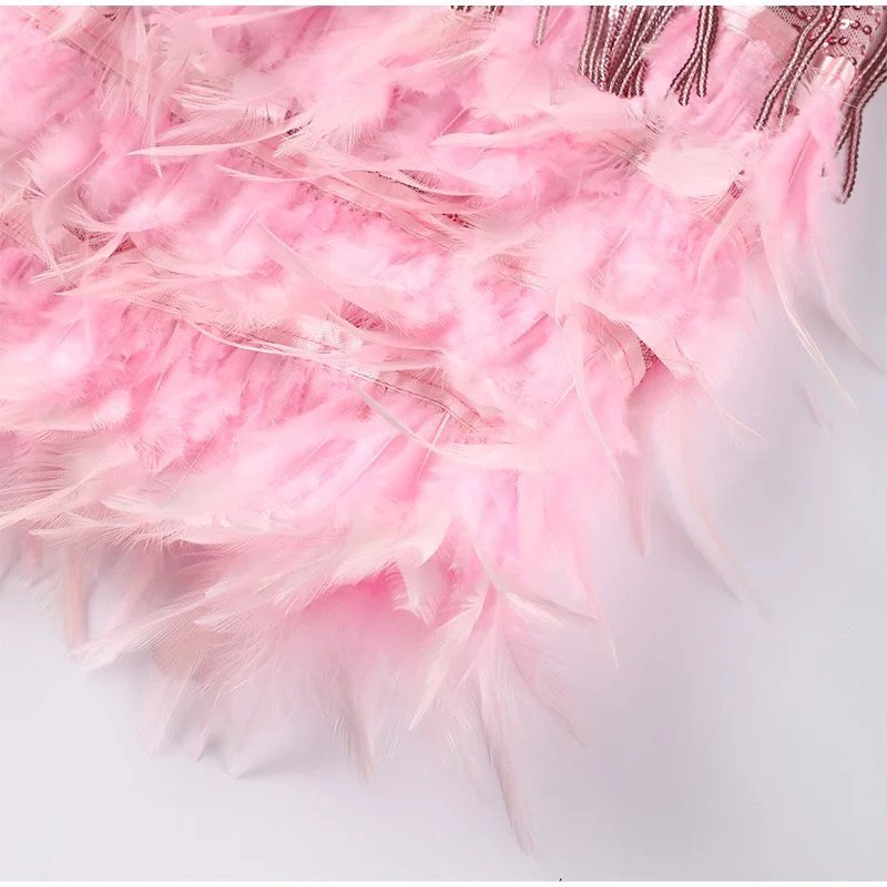Vestido mini con flecos y tiras para mujer con dobladillo de plumas