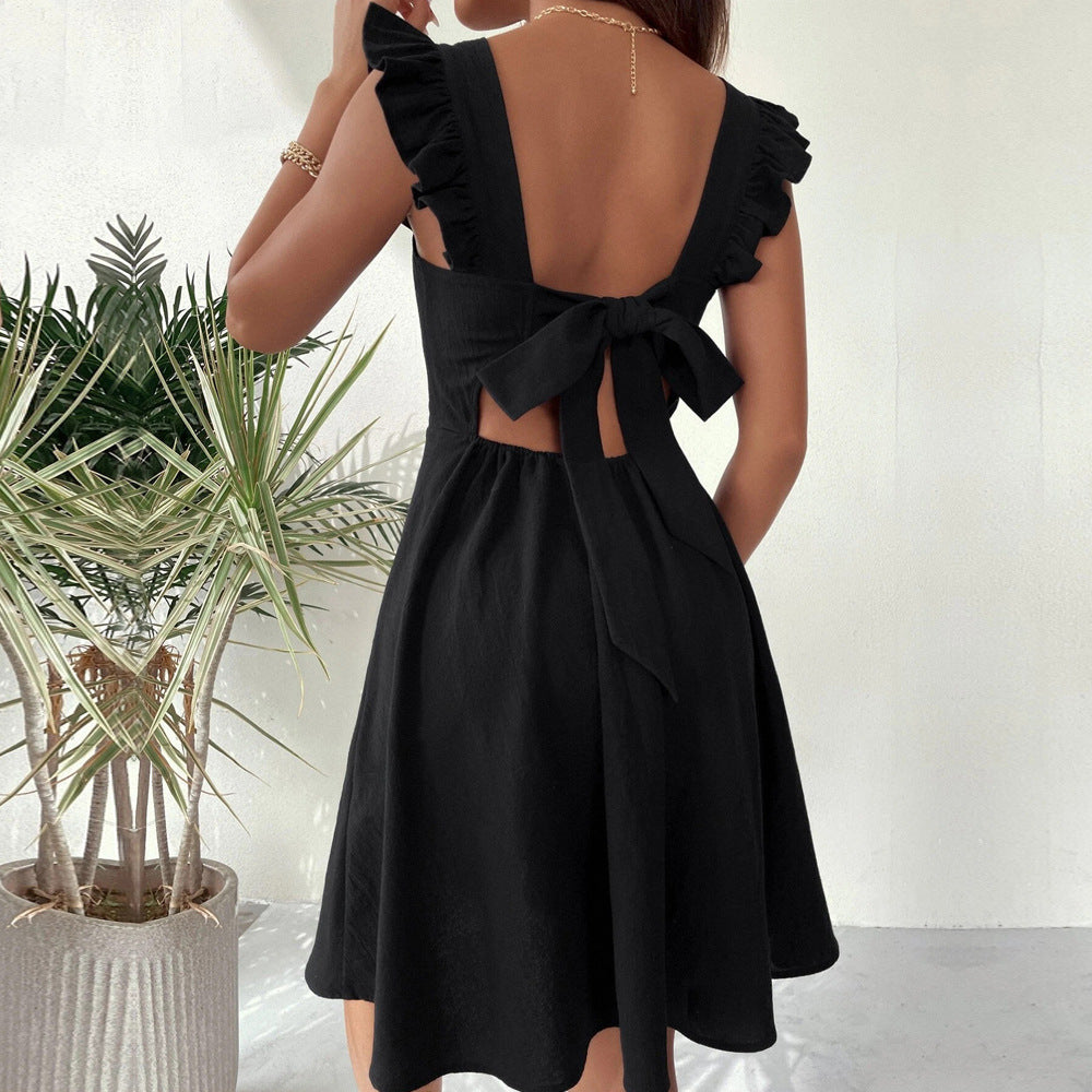 Vestido ajustado y acampanado para mujer con tirantes con volantes y escote cuadrado