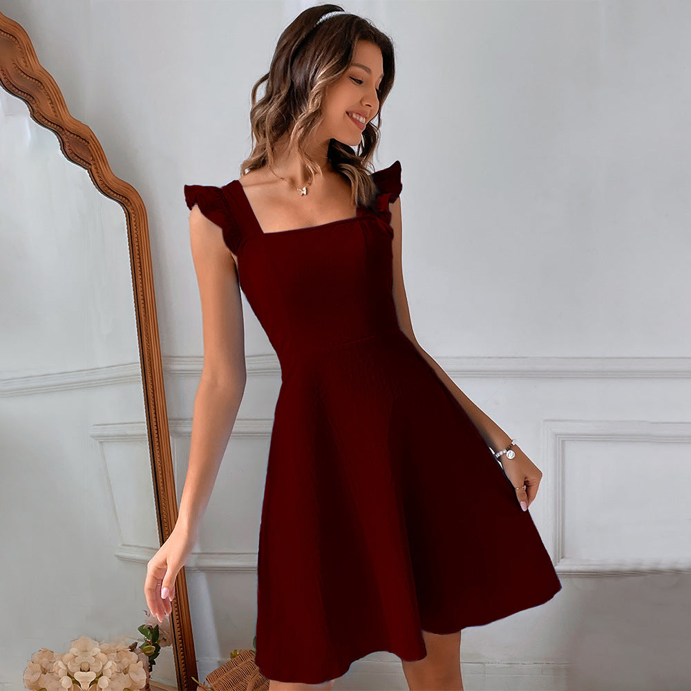 Vestido ajustado y acampanado para mujer con tirantes con volantes y escote cuadrado