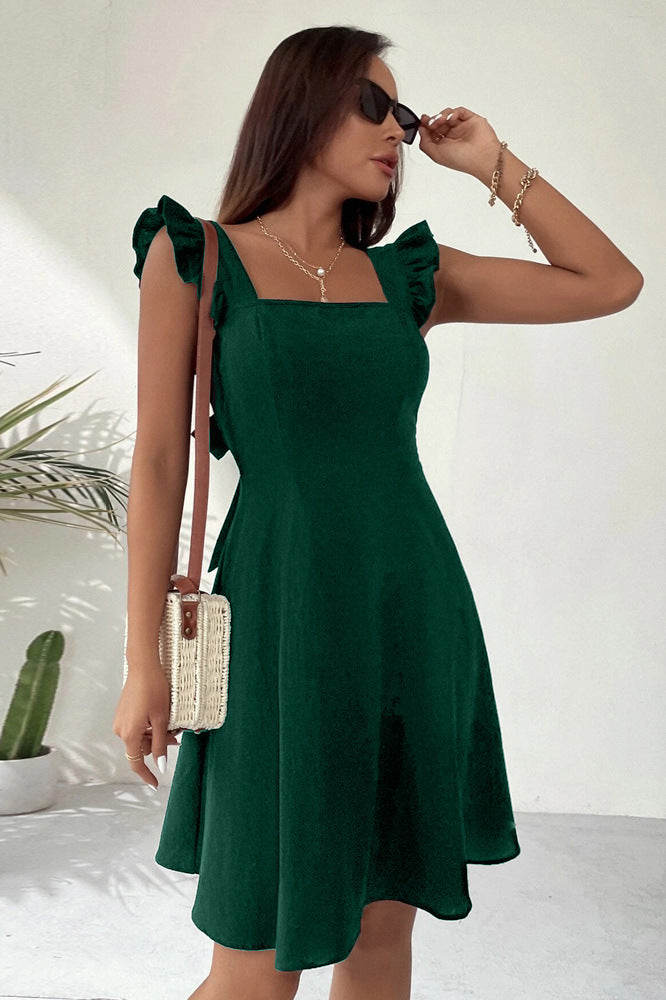 Vestido ajustado y acampanado para mujer con tirantes con volantes y escote cuadrado
