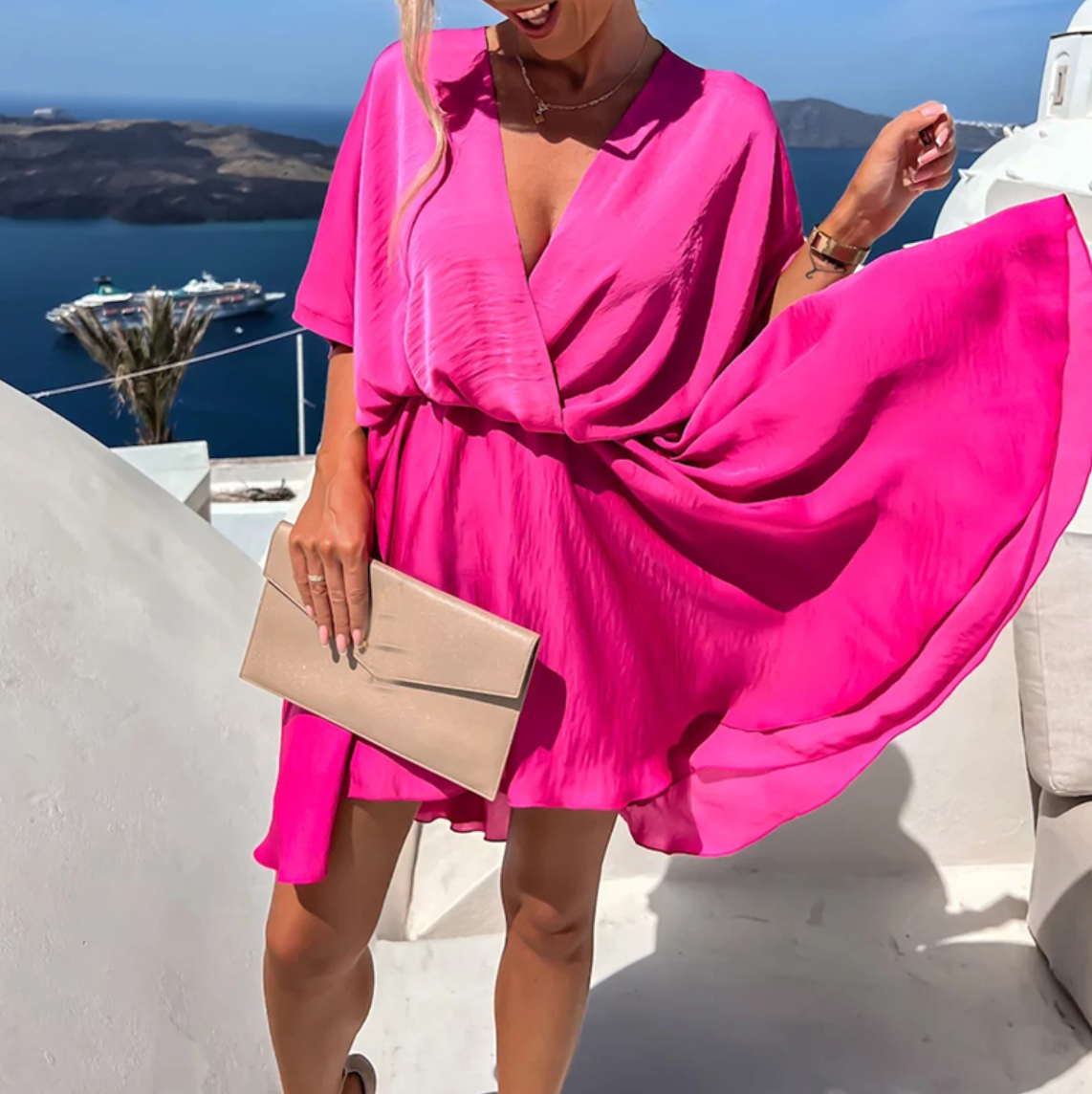 Vestido mini drapeado con escote en V y mangas cortas sueltas para mujer