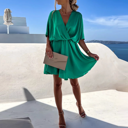 Vestido mini drapeado con escote en V y mangas cortas sueltas para mujer