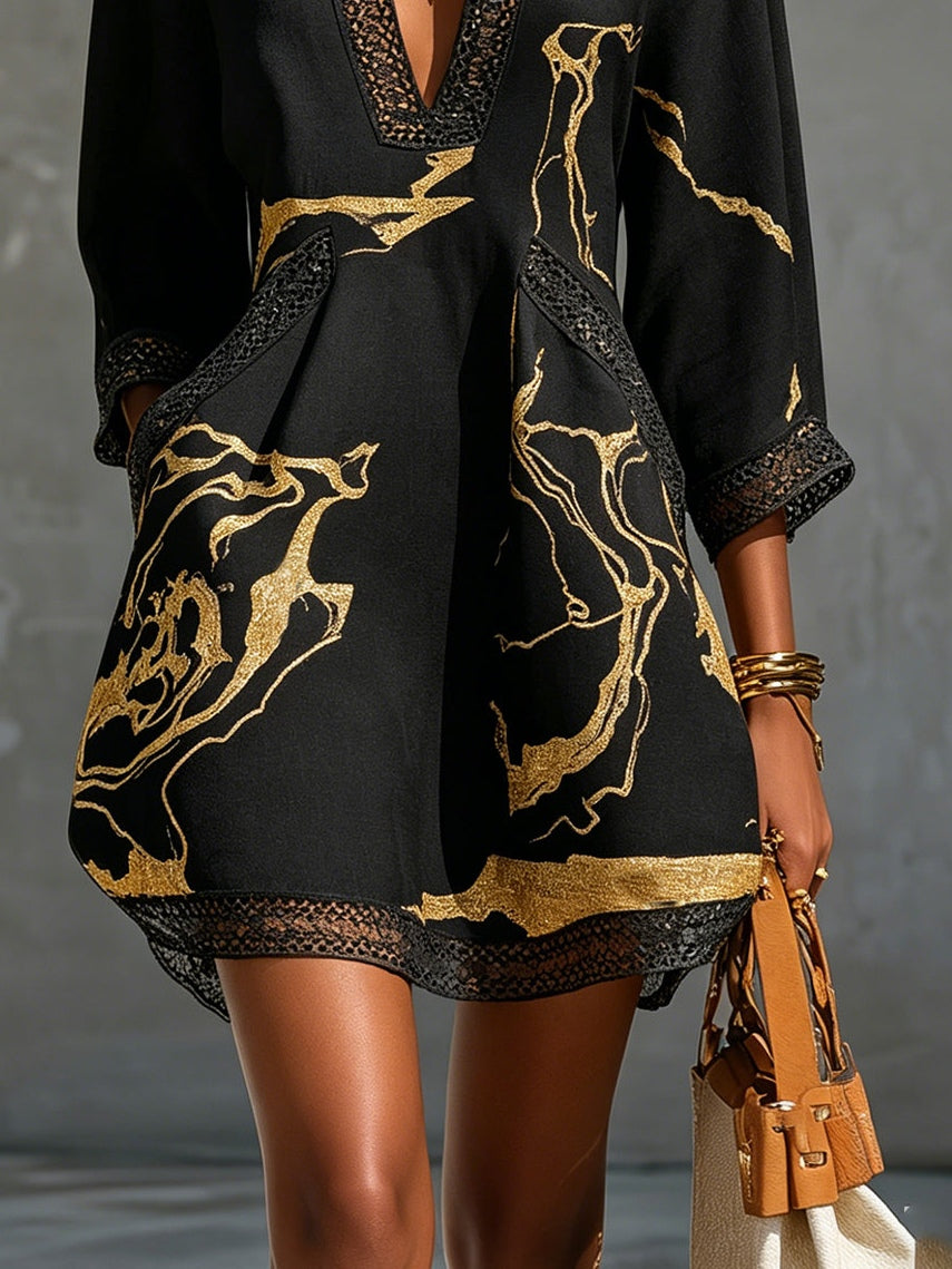 Marisa - Minivestido negro con estampado de mármol dorado y encaje de ganchillo