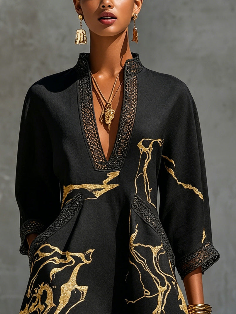 Marisa - Minivestido negro con estampado de mármol dorado y encaje de ganchillo