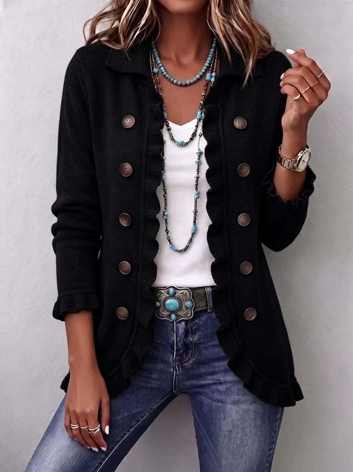 Zaira | Chaqueta de Canalé Negro Intenso con Volantes