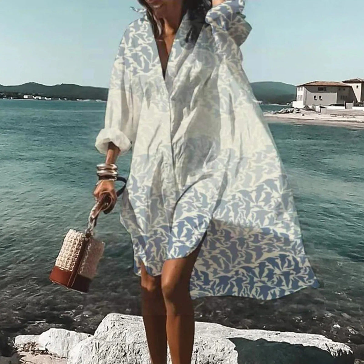 Vestido camisero extragrande para mujer con estampado artístico y botones en la parte delantera