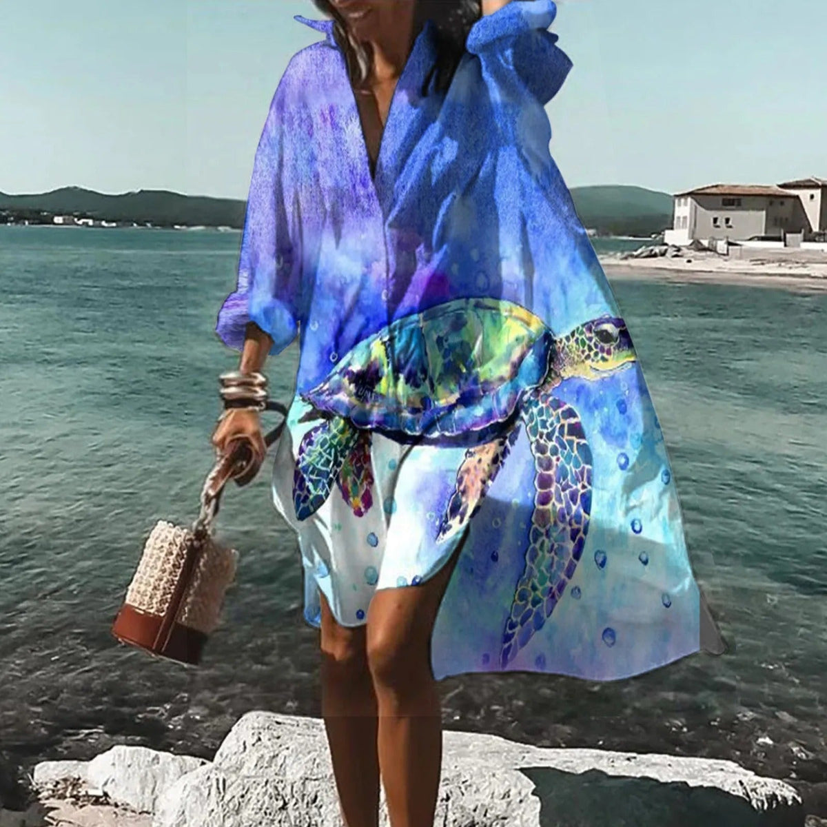 Vestido camisero extragrande para mujer con estampado artístico y botones en la parte delantera