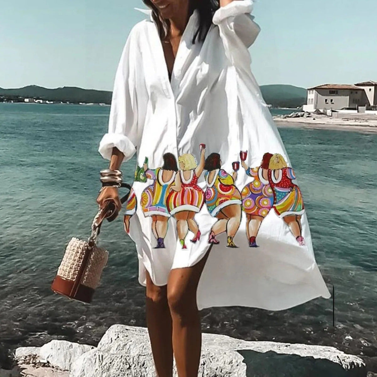 Vestido camisero extragrande para mujer con estampado artístico y botones en la parte delantera