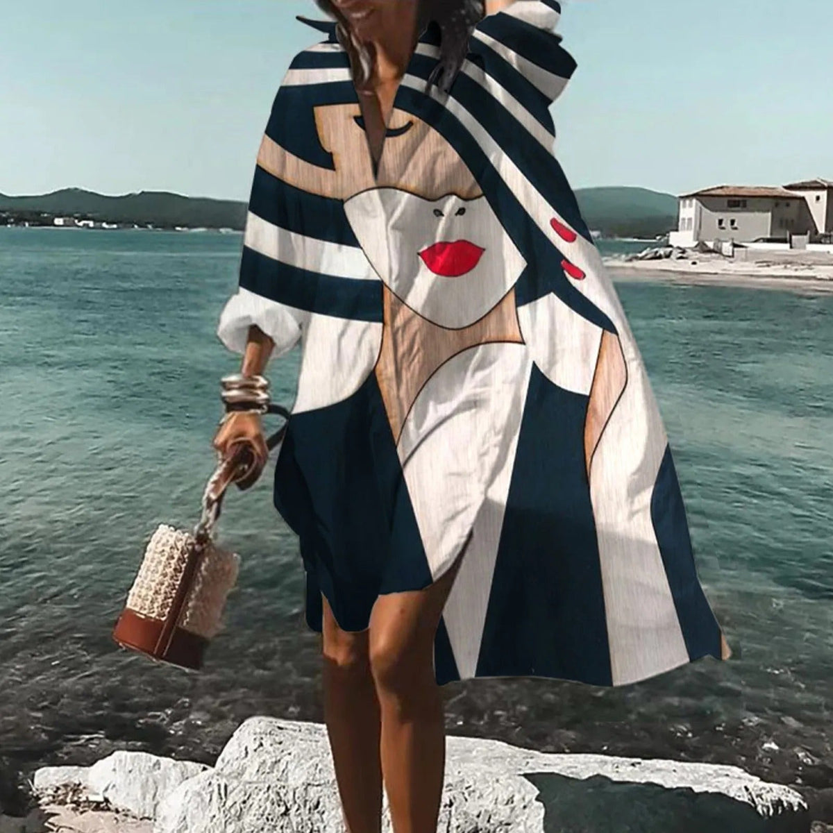 Vestido camisero extragrande para mujer con estampado artístico y botones en la parte delantera