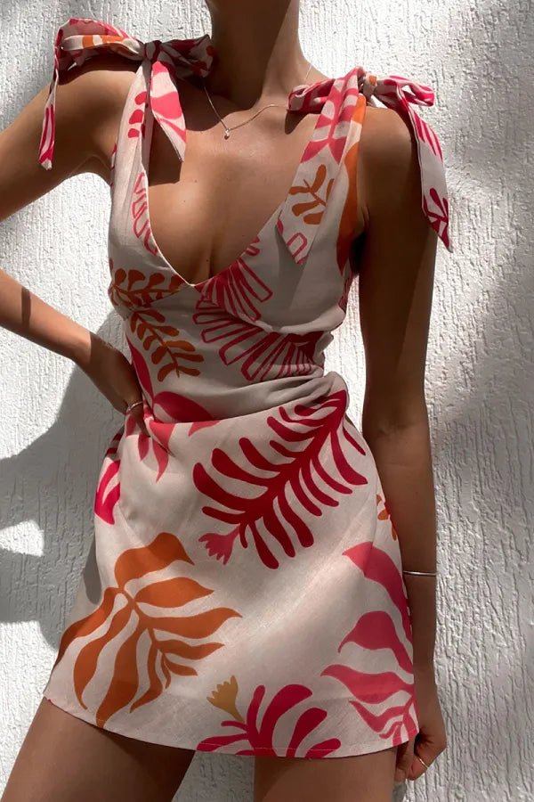 Vestido mini con estampado tropical para mujer con lazos ajustables en los hombros