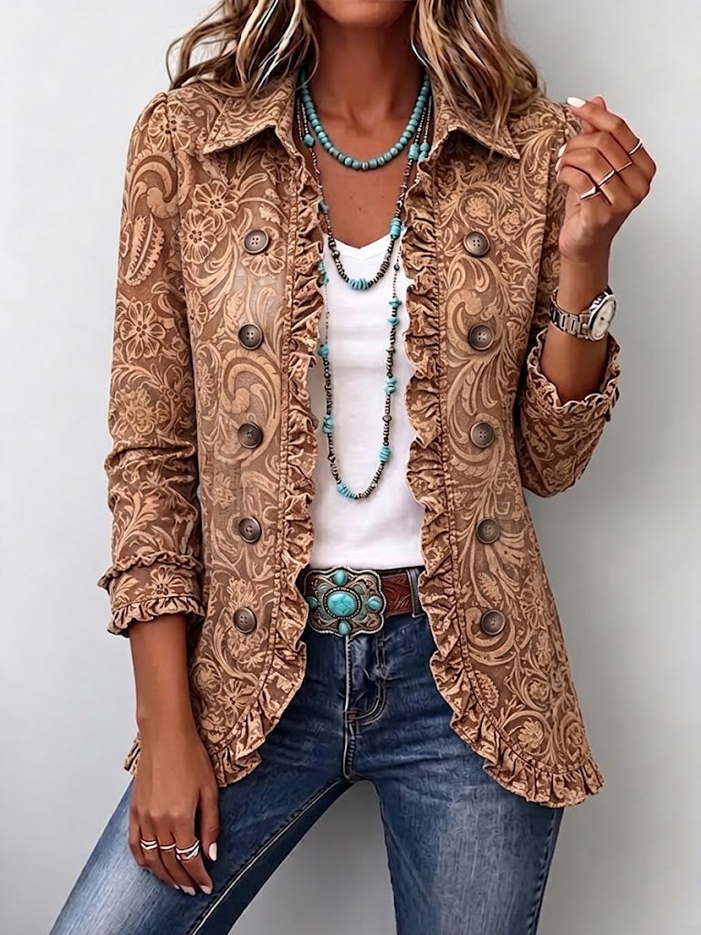 Noemi | Chaqueta Bohemia Floral Vintage Marrón con Volantes