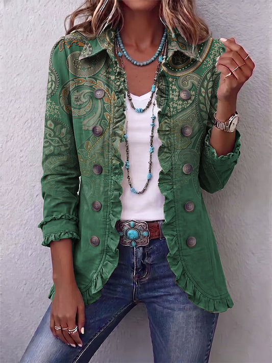 Costanza | Chaqueta Bohemia Paisley Verde con Volantes