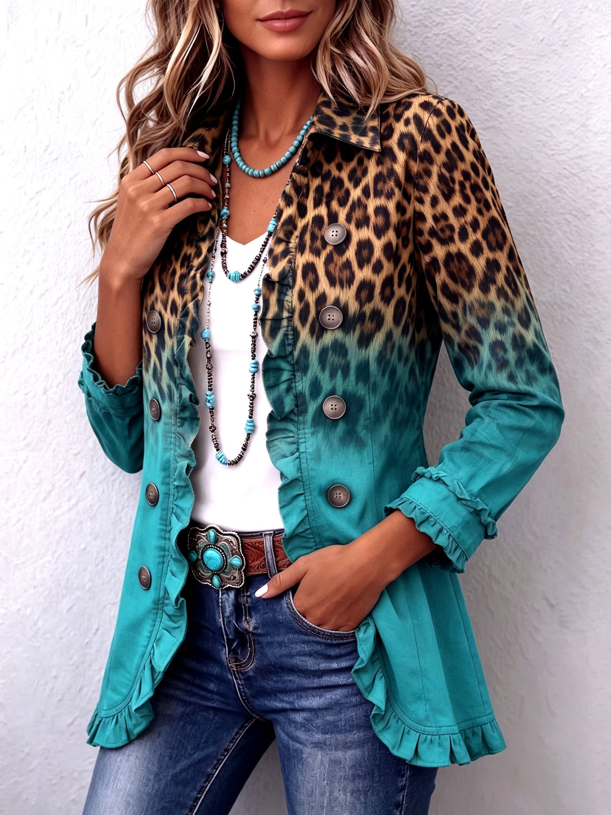 Bice | Blazer de Leopardo Degradado Turquesa