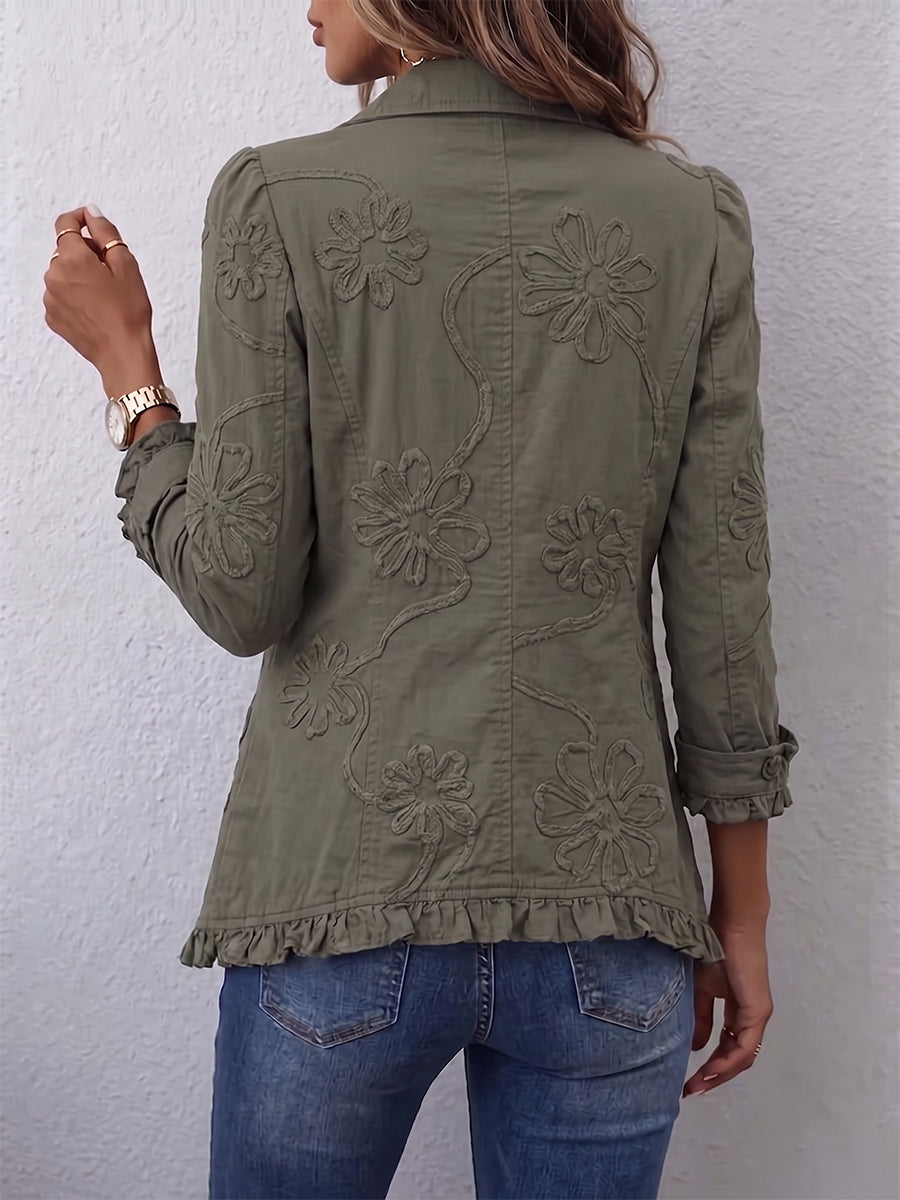 Alessandra | Chaqueta Bohemia Chic Bordada con Flores Verde Retro y Volantes