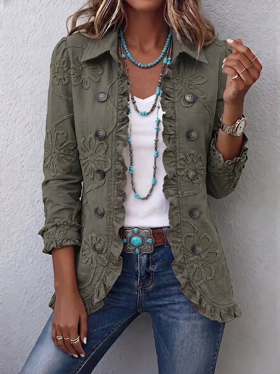 Alessandra | Chaqueta Bohemia Chic Bordada con Flores Verde Retro y Volantes