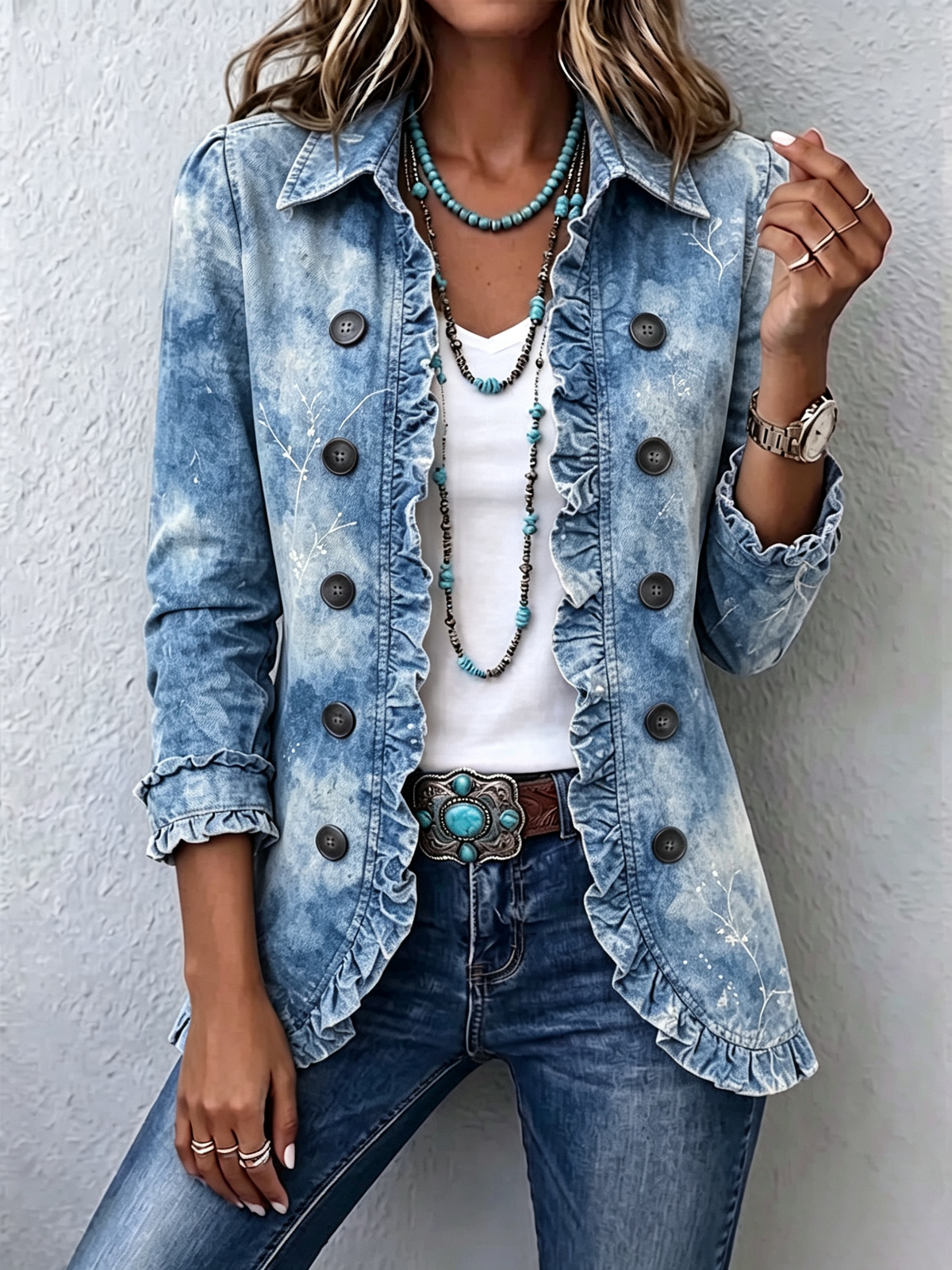Ginevra | Chaqueta Bohemia Botánica Vintage Azul Degradado con Volantes