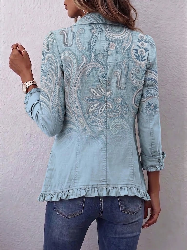 Emilia | Chaqueta Paisley Vintage Azul Cielo con Volantes
