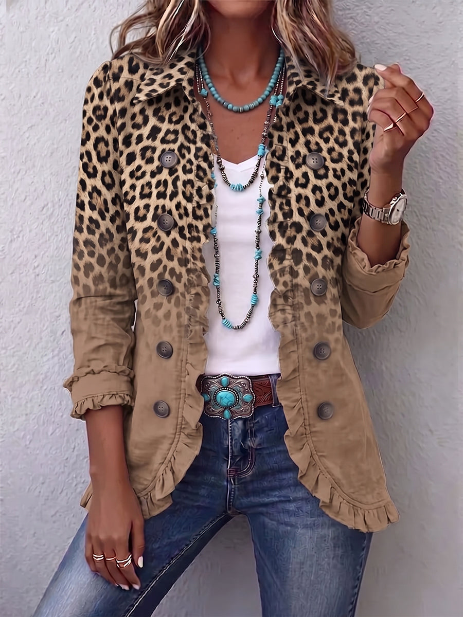 Corinna | Chaqueta de Leopardo Vintage Degradada Camel con Volantes