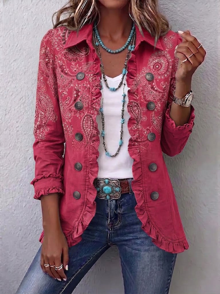 Isotta | Chaqueta Paisley Vintage Rosa Empolvado con Volantes