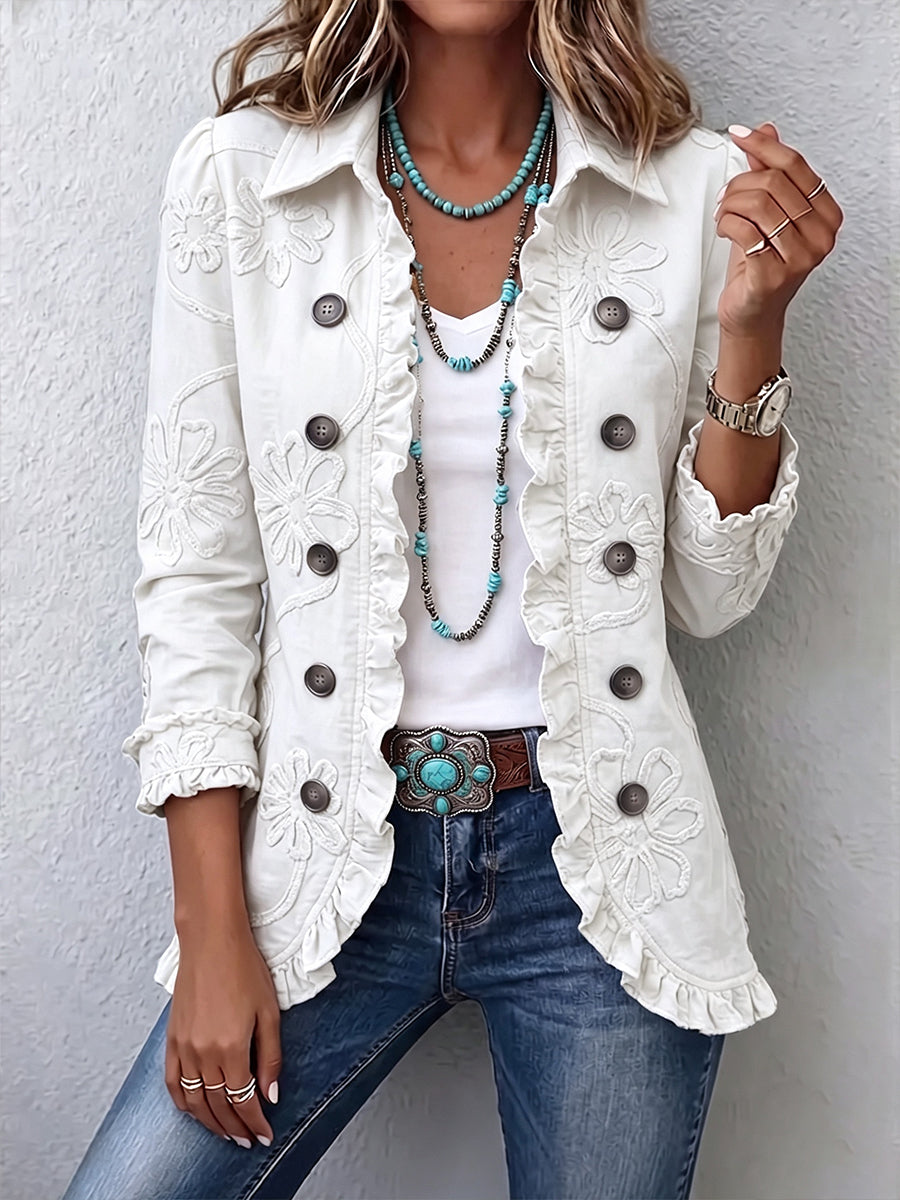Camelia | Chaqueta Bohemia Bordada con Flores Marfil
