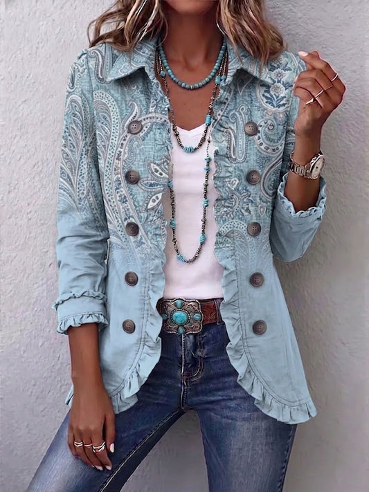 Emilia | Chaqueta Paisley Vintage Azul Cielo con Volantes